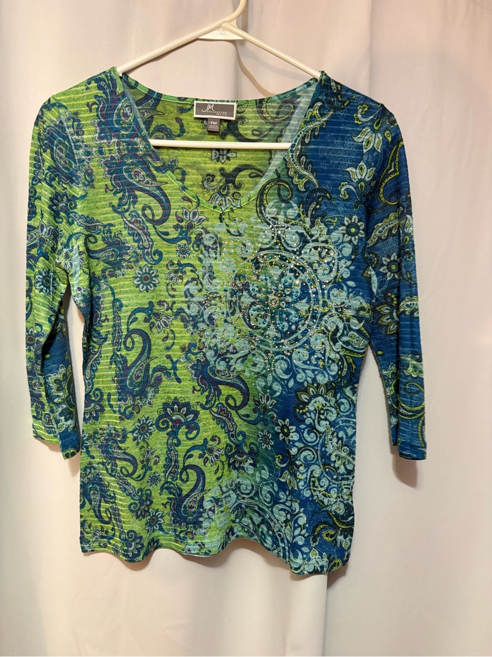 JM Collection Blue & Green Paisley V-Neck Long Sleeve Top #28